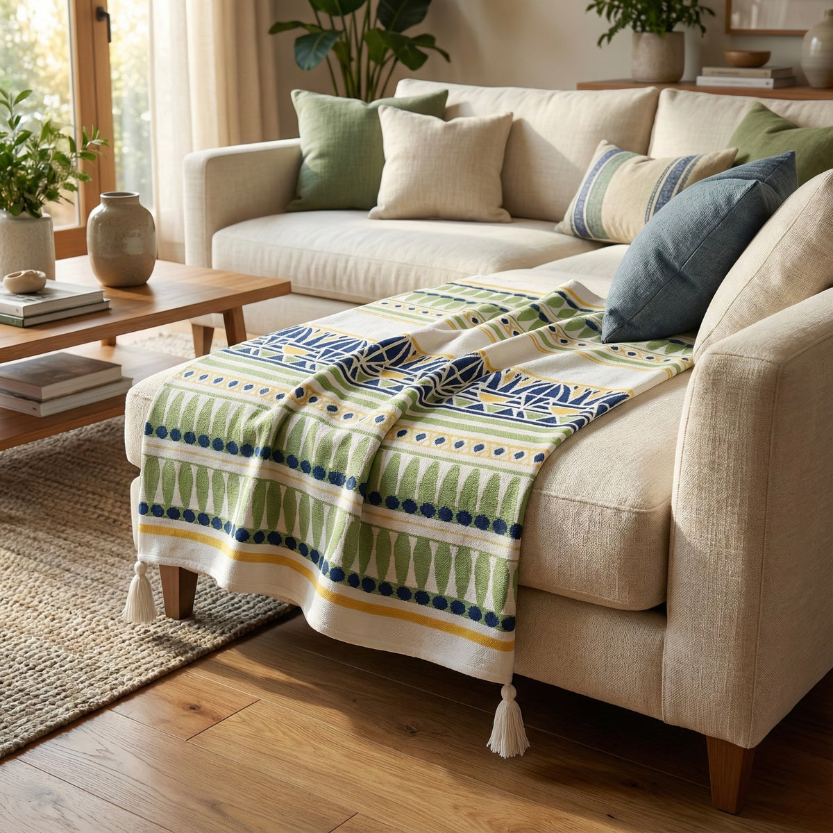 Beige sofa with a patterned green and blue throw blanket in a living room setting.